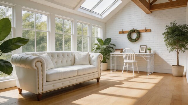 Bright attic living room with white tufted sofa, skylight windows, wooden floor, cozy home office desk setup and indoor plants in modern airy interior design space.