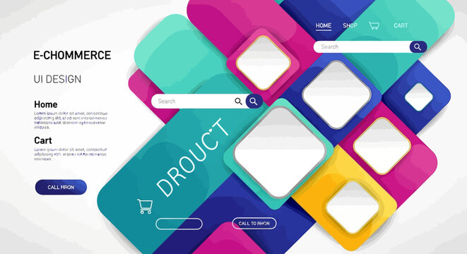 E-commerce UI design template, colorful website layout, product page elements, digital marketing graphics, web development concept