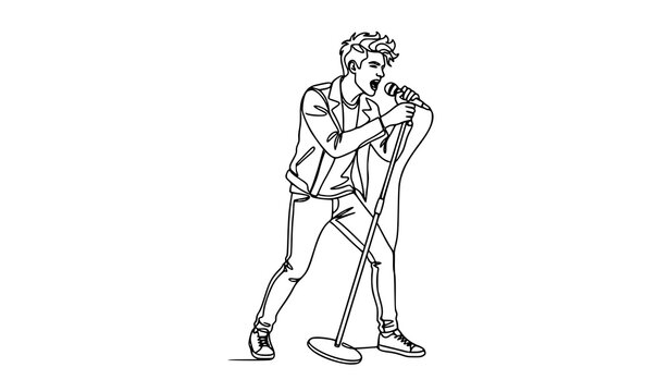 Single line art of young male rock singer holding microphone dynamic vocal performance vector
