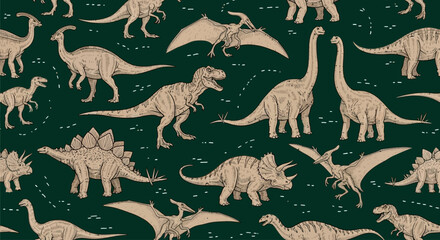 Dinosaurs pattern, green background, beige illustrations, kids wallpaper, decorative design © Alien