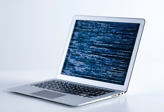 Laptop computer showing digital glitch code on screen representing software error