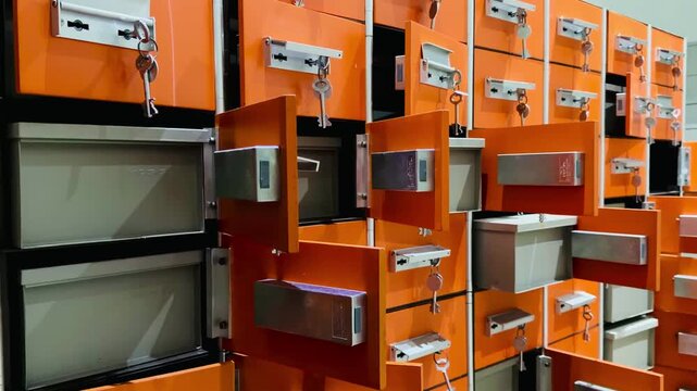Rows of bright orange metal safety deposit locker boxes with keys in the locks. Secure luggage storage lockers, postal mailboxes, or bank vault box terminal for safe keeping valuable properties.