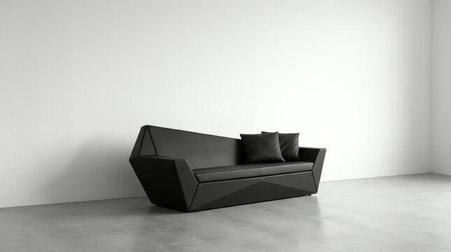 Modern Black Geometric Sofa with Pillows in Empty Room