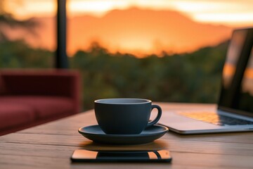 Obraz premium Coffee cup and laptop on a wooden desk with a smartphone at a beautiful sunset