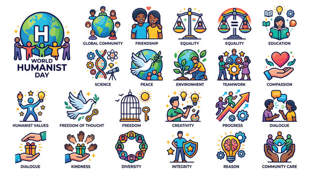 Flat vector icons set representing humanism values social peace equality community and ethical concepts