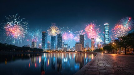 Fototapeta premium City Skyline During Fireworks Celebration at Night with Tall Buildings Reflected on Water