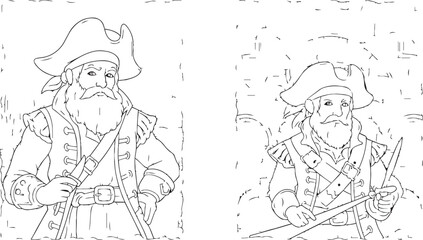 Obraz premium Bearded pirate captain in tricorn hat with sword and spyglass during adventure in cave line art