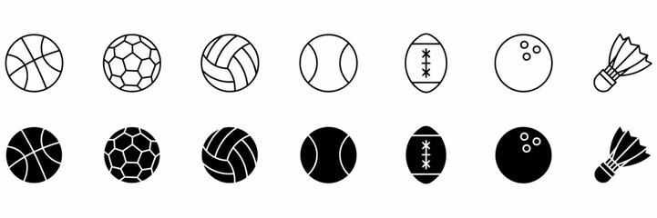 Fototapeta premium Sports Balls and Equipment Line and Glyph Icon Vector Set