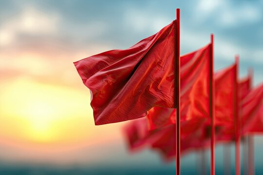 A line of red flags waves in the wind against a hazy sunset sky
