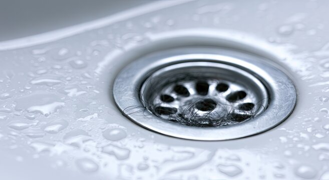 Close-up of a metal sink drain with water droplets on the white ceramic surface