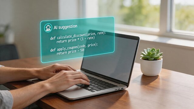 AI suggestion for programming code on laptop screen, software development, artificial intelligence assistant, coding help, python script, tech innovation, developer workspace