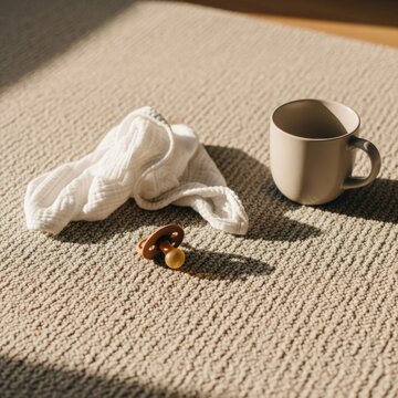 High-angle shot featuring a rubber baby pacifier, white muslin cloth, and beige ceramic mug on a textured neutral carpet floor with direct sunlight and long artistic shadows.