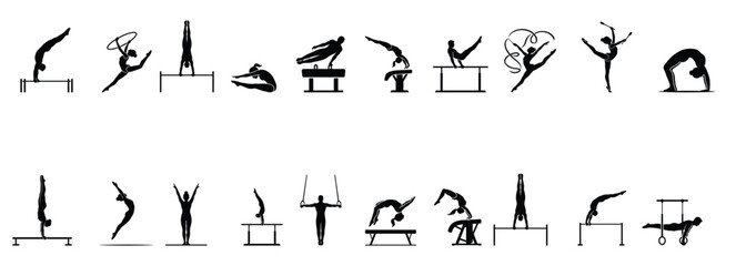 Gymnastics Athlete Silhouette Icons Collection Vector Set with Artistic and Rhythmic Gymnastics Elements © Panji