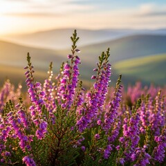Fototapeta premium Heather in Bloom - A Vibrant Landscape at Sunset.