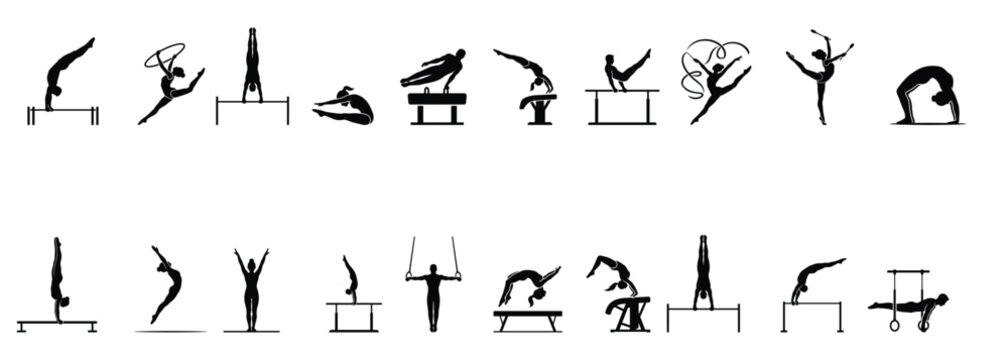 Gymnastics Athlete Silhouette Icons Collection Vector Set with Artistic and Rhythmic Gymnastics Elements