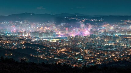 Fototapeta premium Night Cityscape with Fireworks Over Mountain Range Bright Lights Urban Skyline