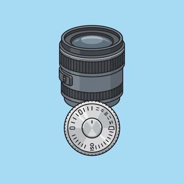Professional camera lens and adjustment dial in pixel art