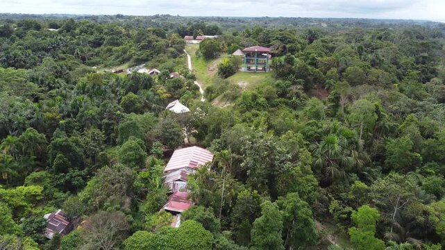Jungle village aerial view in the amazon rainforest near iquitos, peru