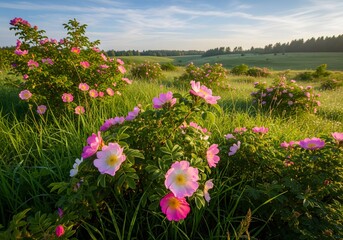 Obraz premium Beautiful Wildflower Field with Pink Blossoms and Peaceful Nature Landscape