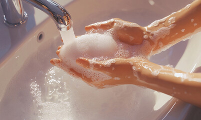 Fototapeta premium Washing Hands with Soap and Water in Sink, Hygiene and Cleanliness Concept