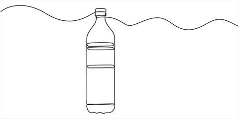 Continuous one line drawing of water drink bottle. Sports water bottle single line vector illustration Continuous line drawing of a plastic water bottle filled with, isolated on white background.  © JACKALLIS
