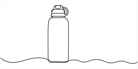 Continuous one line drawing of water drink bottle. Sports water bottle single line vector illustration Continuous line drawing of a plastic water bottle filled with, isolated on white background.  © JACKALLIS