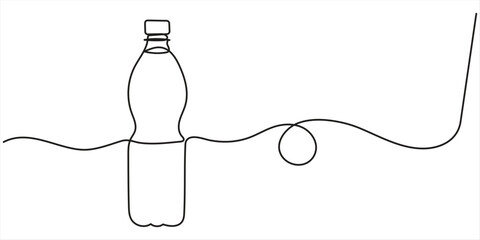 Continuous one line drawing of water drink bottle. Sports water bottle single line vector illustration Continuous line drawing of a plastic water bottle filled with, isolated on white background.  © JACKALLIS