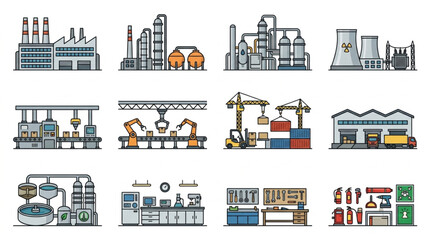 Fototapeta premium Industrial Manufacturing Workflow Icons.