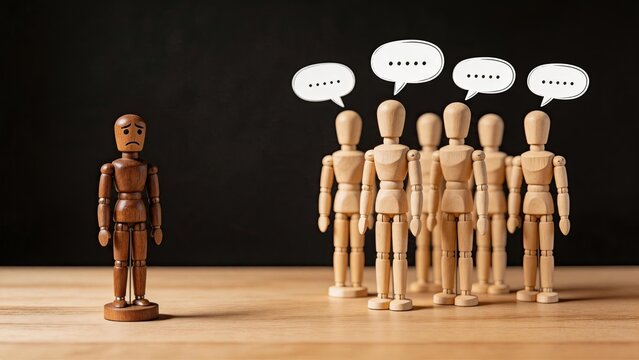 Sad wooden doll isolated from group, bullying and social exclusion concept, lonely figure facing crowd with speech bubbles, depression, discrimination, minority rejection