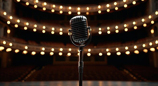 Vintage microphone on stage, illuminated by warm, golden theater lights