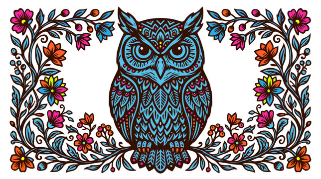 Colorful intricate owl mandala vector illustration with vibrant spring floral border and boho zentangle patterns for apparel printing and decorative folk art.