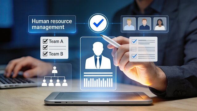 Human resource management digital interface with holographic icons showing team organization charts and employee profiles on tablet screen