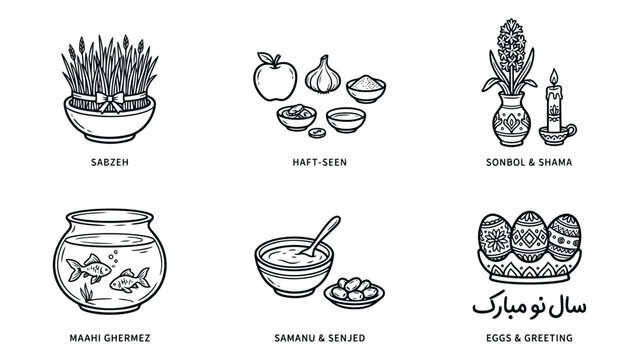 Traditional iranian nowruz symbols and objects for persian new year celebrations