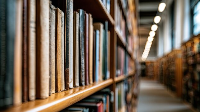 Rows of aged books line a library shelf, leading to a distant, softly lit hall