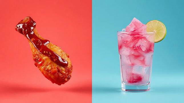 High contrast food photography of crunchy saucy fried chicken paired with cold pink iced beverage