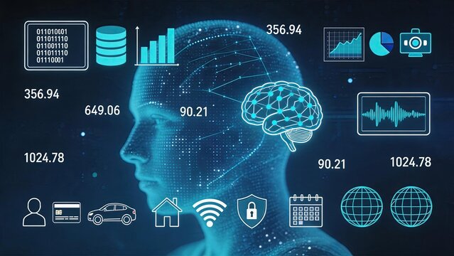Artificial intelligence concept with digital brain and data network, machine learning, neural network, big data analysis, cybersecurity, cloud computing, future technology