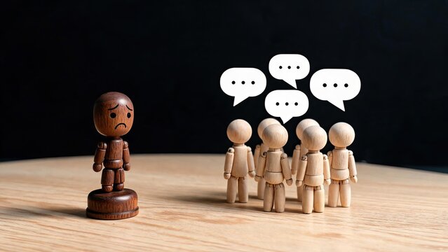 Sad wooden doll standing alone separated from group of dolls talking, social exclusion, loneliness, bullying, isolation, discrimination, outcast, mental health, depression