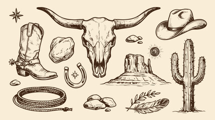 Classic Wild West cowboy collection with iconic symbols like boots skull and cactus © Amirul