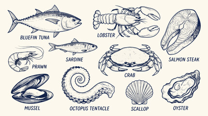 Obraz premium Collection of delicious seafood illustrations including tuna lobster crab prawn and oyster
