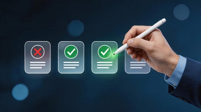 Hand holding white stylus pen checking digital documents with green checkmarks and red cross, approval process verification concept