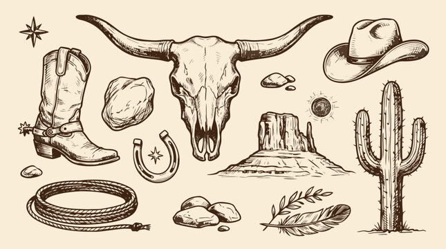 Classic Wild West cowboy collection with iconic symbols like boots skull and cactus