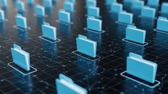 Digital data blocks floating on dark reflective surface in futuristic technology concept