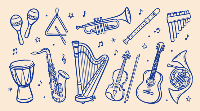 Collection of handdrawn musical instruments and symbols scattered across a light background