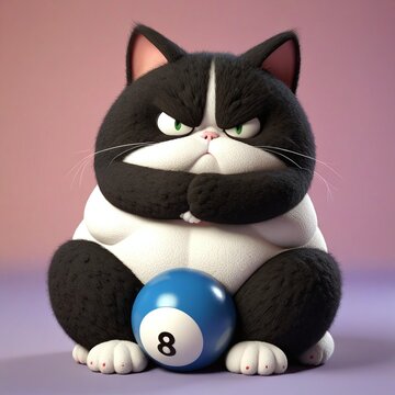 3D Tuxedo cat looking like a grumpy furry 8-ball