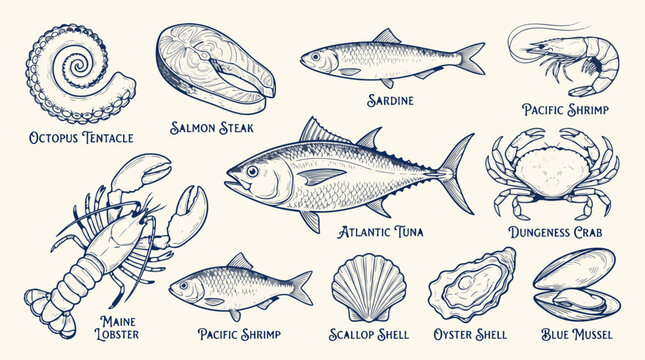 Seafood and ocean food illustrations including fish and shellfish varieties