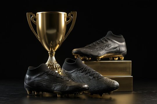 Golden trophy and football boots arranged on luxury black background, advertising style