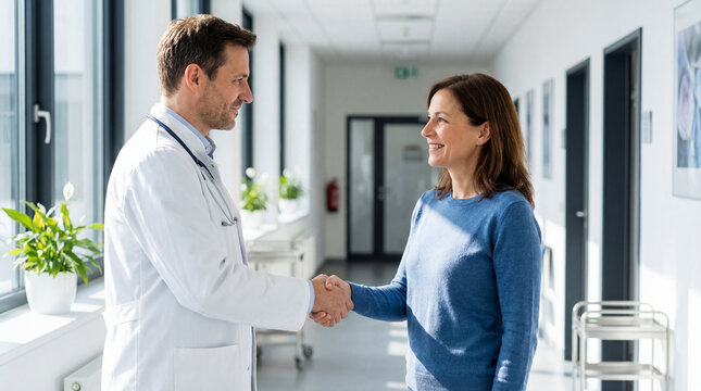 Friendly doctor shaking hands with smiling female patient in bright clinic corridor showing trust medical consultation positive healthcare service recovery support patient satisfaction