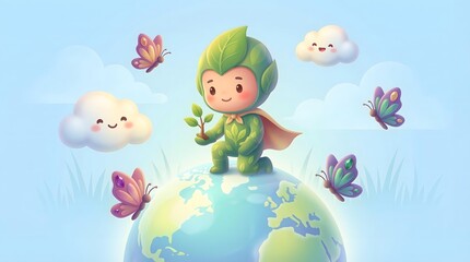 Naklejka premium climate conscious lifestyle concept with sustainable daily habits Eco-friendly Superhero Child in Leaf Costume on Globe with Smiling Clouds and Butterflies in Whimsical Pastel Illustration