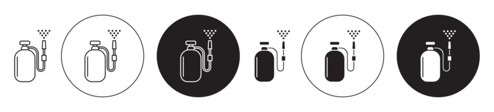 Pressure sprayer icons collection in black filled and stroke line style