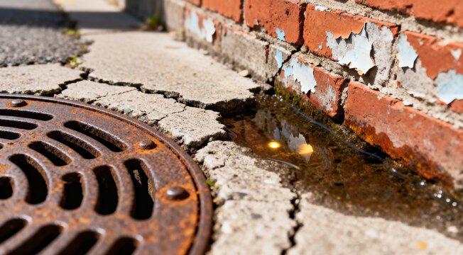 Close-up of a rusty manhole cover beside cracked concrete pavement and a worn red brick wall with standing water